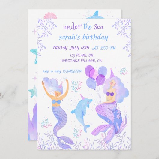 リトルマーメイドアンダーザシー誕生日招待状 招待状 (正面/裏面)