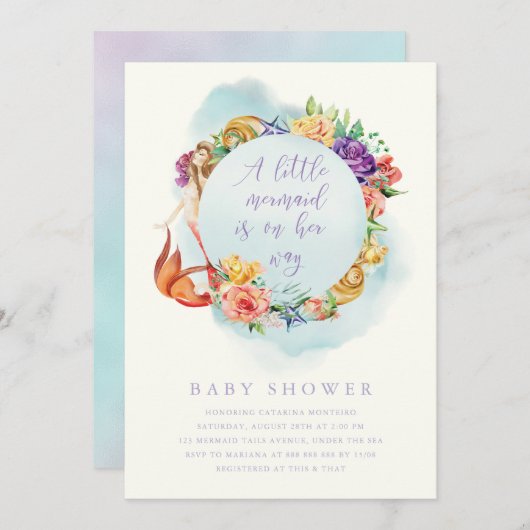 リトルマーメイドウェイベビーシャワーガールシンプルフローラ 招待状 (正面/裏面)