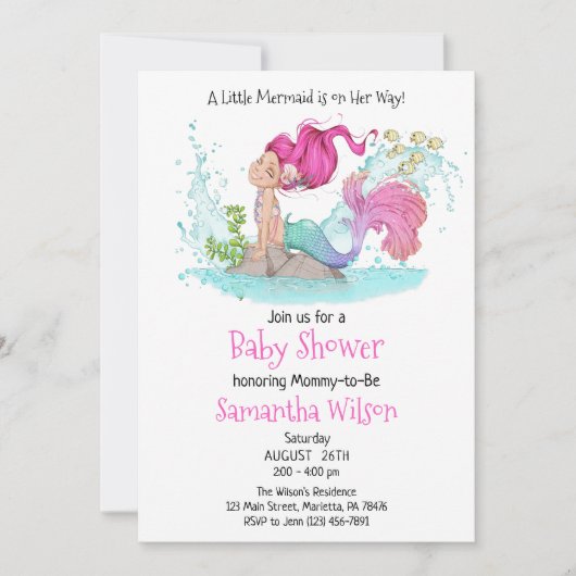 リトルマーメイドウォーターカラーベビーシャワー 招待状 (正面)