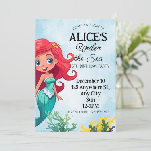 リトルマーメイドウォーターカラー誕生日招待状 招待状 (スタンド正面)