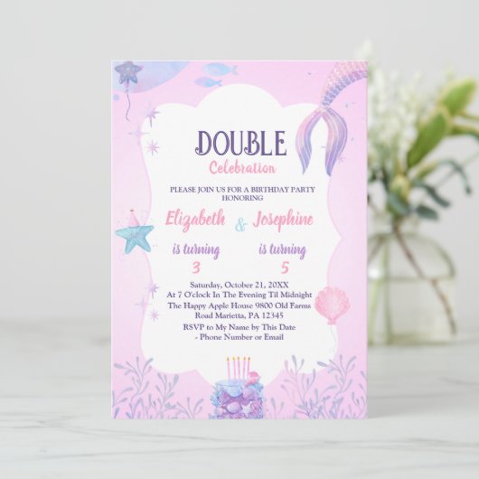 リトルマーメイドキッズダブルお祝い誕生日 招待状 (スタンド正面)