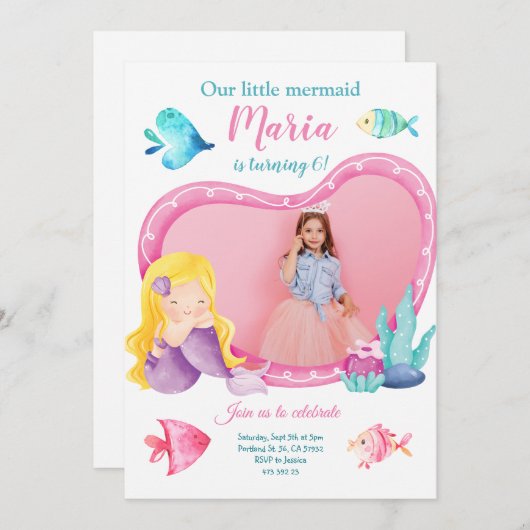 リトルマーメイドシーフィッシュフォト誕生日招待状 招待状 (正面/裏面)