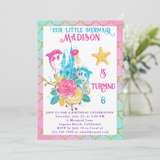 リトルマーメイドスケールピンクターコイズ金ゴールド誕生日 招待状 (スタンド正面)