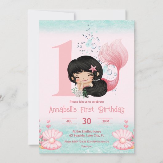 リトルマーメイドダークヘアピンク1歳の誕生日 招待状 (正面)