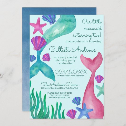 リトルマーメイドテイルズシーシェルズウォーター誕生日 招待状 (正面/裏面)