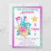リトルマーメイドテールパープルターコイズ金ゴールド誕生日 招待状 (正面)