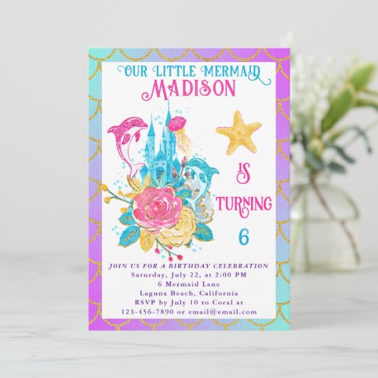 リトルマーメイドテールパープルターコイズ金ゴールド誕生日 招待状 (スタンド正面)