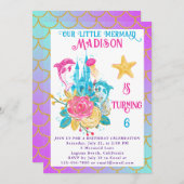 リトルマーメイドテールパープルターコイズ金ゴールド誕生日 招待状 (正面/裏面)
