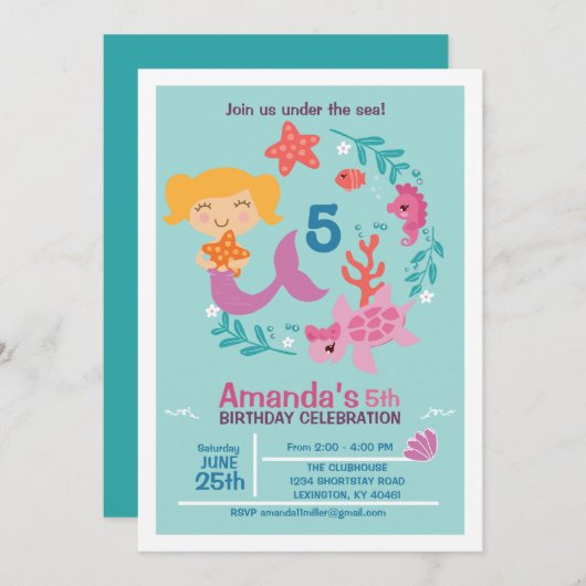 リトルマーメイドバースデーパーティーの招待 招待状 (正面/裏面)