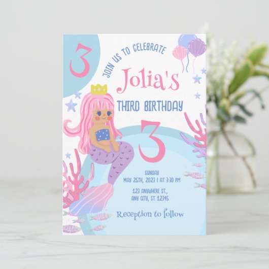 リトルマーメイドピンクの髪ピンクの第3誕生日インビタット 招待状 (スタンド正面)