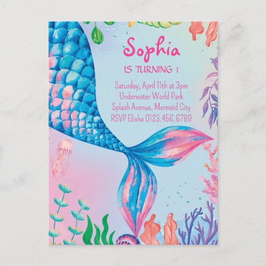 リトルマーメイド水中誕生日招待状 インビテーションポストカード (正面)