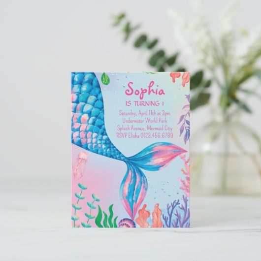 リトルマーメイド水中誕生日招待状 インビテーションポストカード (スタンド正面)