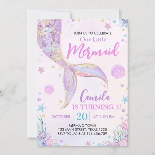 リトルマーメイド海をテーマにした誕生日 招待状 (正面)