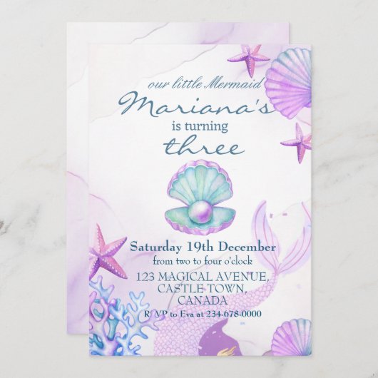 リトルマーメイド誕生日パーティーガール 招待状 (正面/裏面)