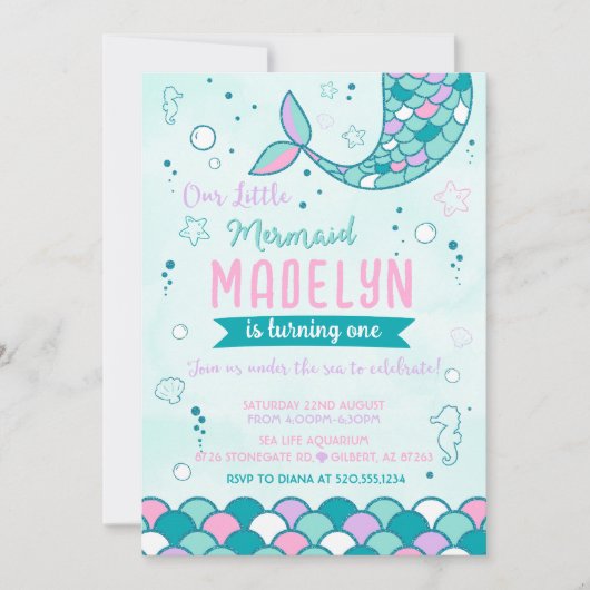 リトルマーメイド誕生日招待状 招待状 (正面)