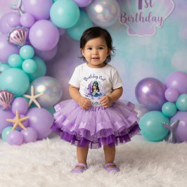 リトルマーメイド1歳の誕生日女の子ターコイズパープル ベビーTシャツ