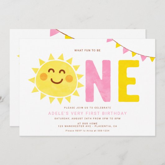 リトルミニマルサンシャインファースト誕生日ガール 招待状 (正面/裏面)