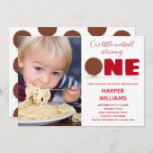 リトルミートボール1枚フォトファースト誕生日 招待状 (正面/裏面)