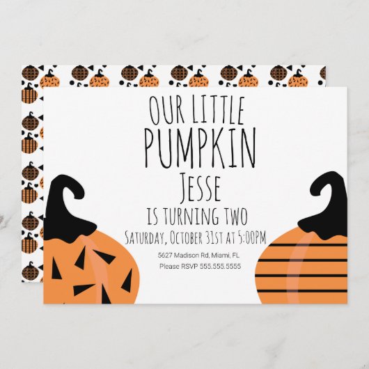 リトルモダンハロウィーンパンプキン誕生日 招待状 (正面/裏面)