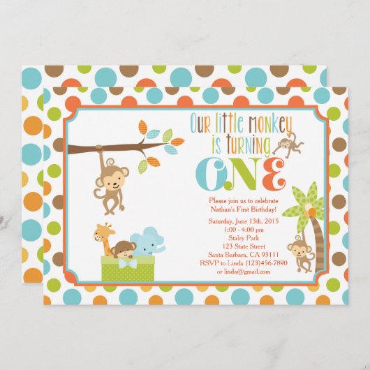 リトルモンキージャングルアニマルズ最初の誕生日インビタ 招待状 (正面/裏面)
