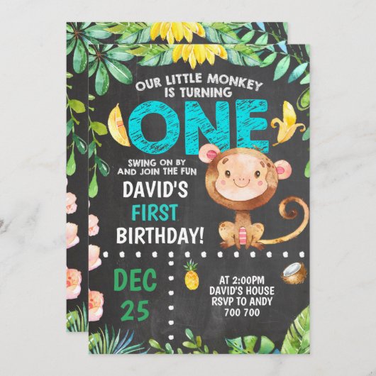 リトルモンキーファースト誕生日ボーイパーティー 招待状 (正面/裏面)