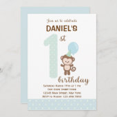 リトルモンキーファースト誕生日招待状(青) 招待状 (正面/裏面)