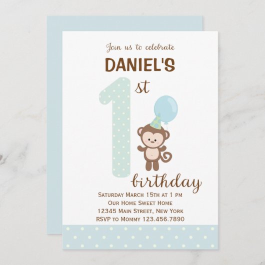 リトルモンキーファースト誕生日招待状（青） 招待状 (正面/裏面)