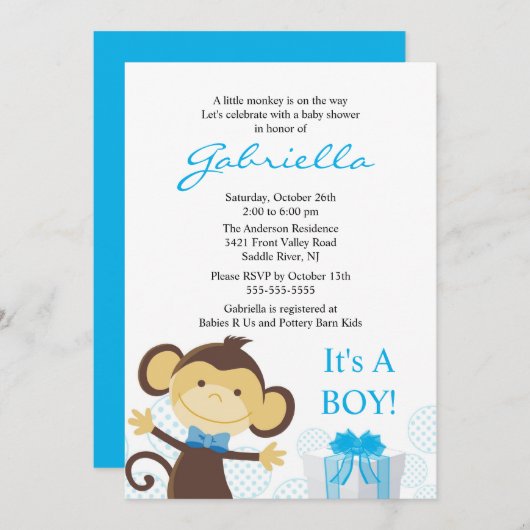 リトルモンキーボーイベビーシャワー招待状 招待状 (正面/裏面)