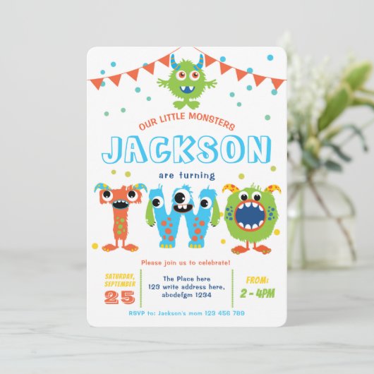 リトルモンスターをテーマにした双子の少年2歳の誕生日 招待状 (スタンド正面)