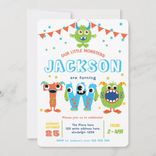 リトルモンスターをテーマにした双子の少年2歳の誕生日 招待状 (正面)