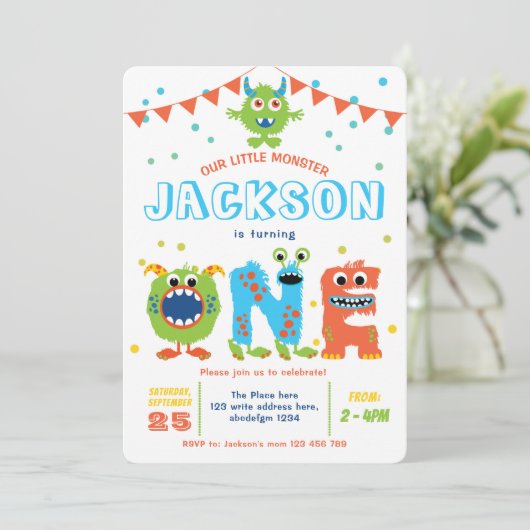 リトルモンスターをテーマにした少年1歳の誕生日 招待状 (スタンド正面)