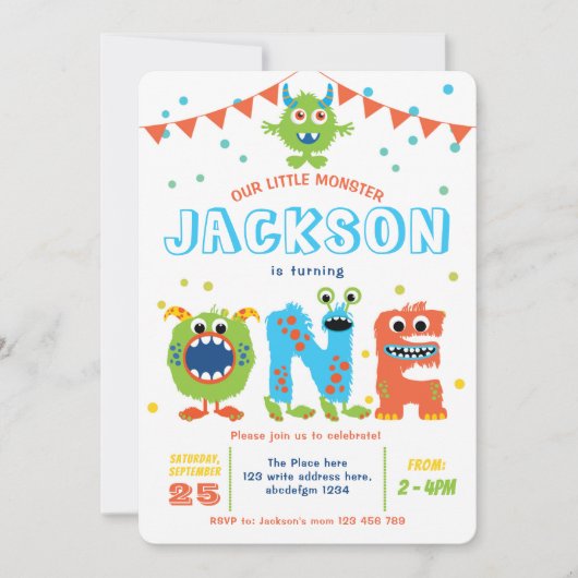 リトルモンスターをテーマにした少年1歳の誕生日 招待状 (正面)