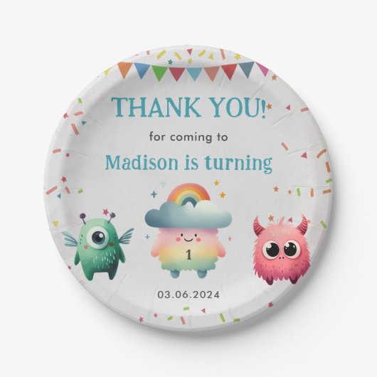 リトルモンスターをテーマにした誕生日パーティー ペーパープレート (正面)