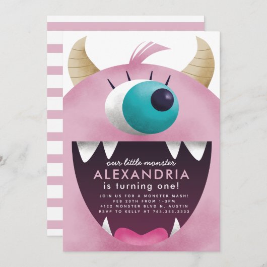 リトルモンスターガールズピンクの誕生日パーティー 招待状 (正面/裏面)