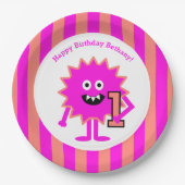 リトルモンスターガール1stバースデーピンクストライプ色かわいい ペーパープレート (正面)
