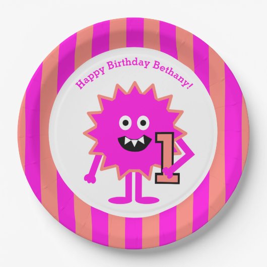 リトルモンスターガール1stバースデーピンクストライプ色かわいい ペーパープレート (正面)