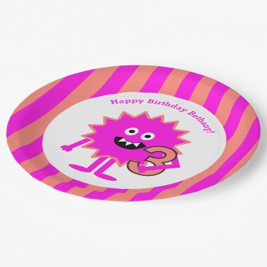 リトルモンスターガール3rd誕生日かわいいピンクのオレンジ ペーパープレート (アングル)