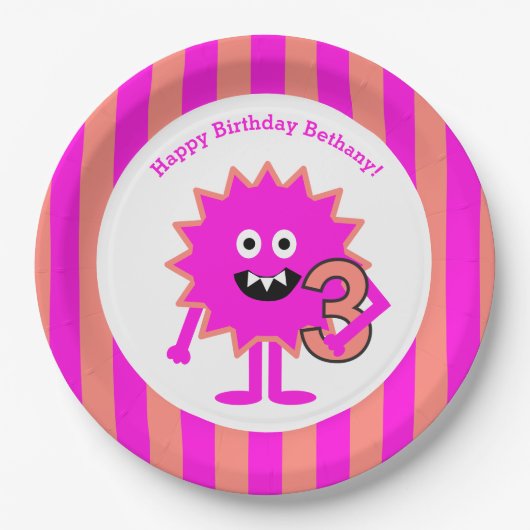 リトルモンスターガール3rd誕生日かわいいピンクのオレンジ ペーパープレート (正面)