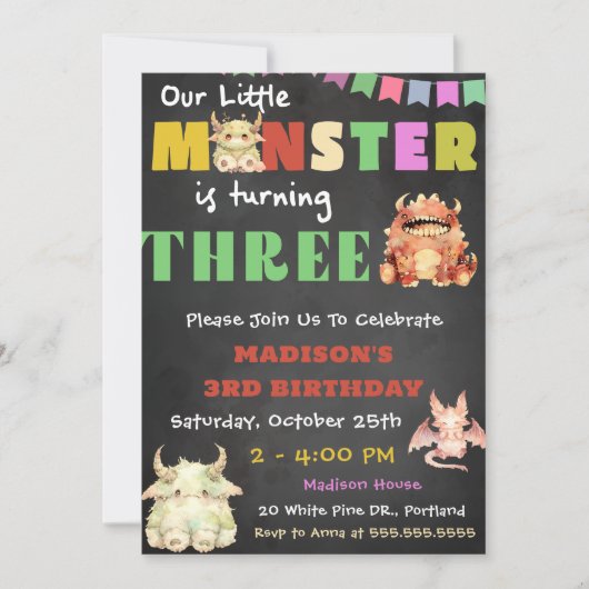 リトルモンスターテーマの3回目の誕生日パーティー 招待状 (正面)
