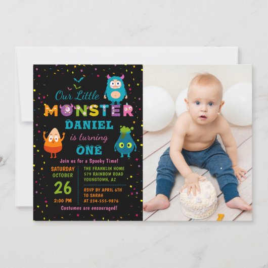 リトルモンスターハロウィーンの衣装誕生日写真 招待状 (正面)
