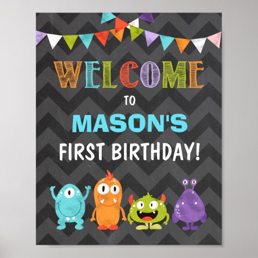 リトルモンスターバースデーウェルカムサインボーイチョーク ポスター (正面)