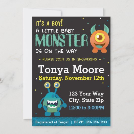 リトルモンスターブルーベビーシャワー招待状 招待状 (正面)