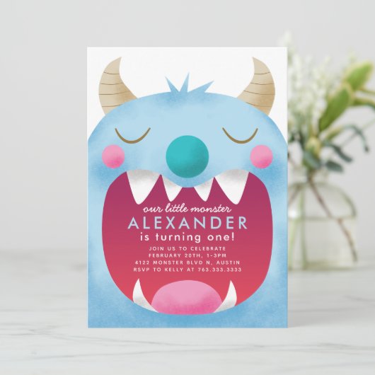 リトルモンスターボーイズ誕生日パーティーブルー 招待状 (スタンド正面)