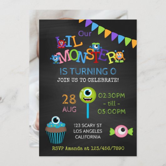 リトルモンスター任意の年齢の写真の誕生日の黒板 招待状 (正面/裏面)