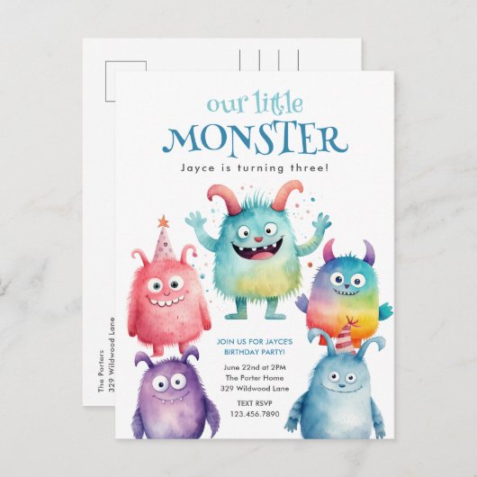 リトルモンスター子供の誕生日パーティの招待状 ポストカード (正面/裏面)
