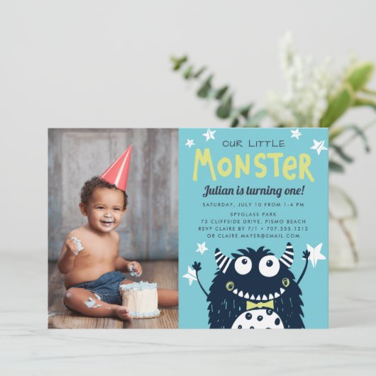 リトルモンスター子供の誕生日パーティー写真 招待状 (スタンド正面)