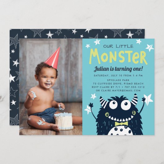 リトルモンスター子供の誕生日パーティー写真 招待状 (正面/裏面)