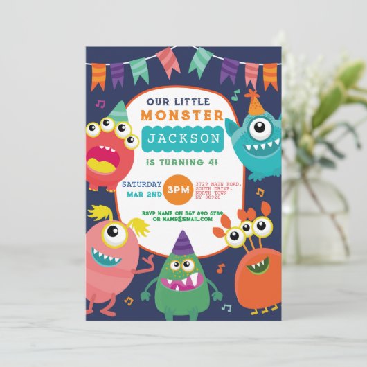 リトルモンスター誕生日おもしろいガールボーイズ招待状 招待状 (スタンド正面)