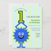 リトルモンスター1stバースデーボーイブルーグリーンストライプズ 招待状 (正面)