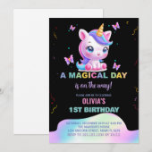 リトルユニコーンレインボー誕生日招待状 招待状 (正面/裏面)